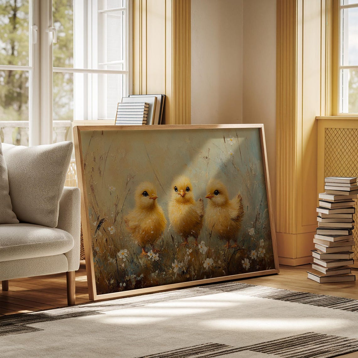 Three Fluffy Yellow Chicks In Daisy Field Adorable Spring Wall Art - Image 7