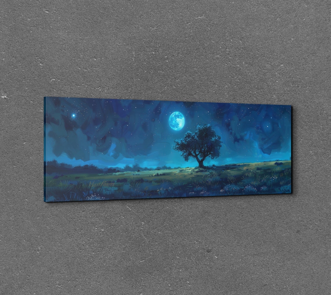 Moonlit Tree Horizon Under Starry Night Sky Panoramic Art Poster - Image 3