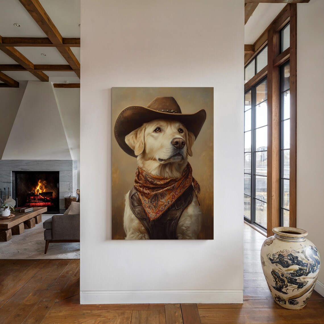 Cowboy Golden Retriever Art Rustic Western Dog Decor Vintage Farmhouse Pet Portrait Bandana Dog Wall Art Poster - Image 2