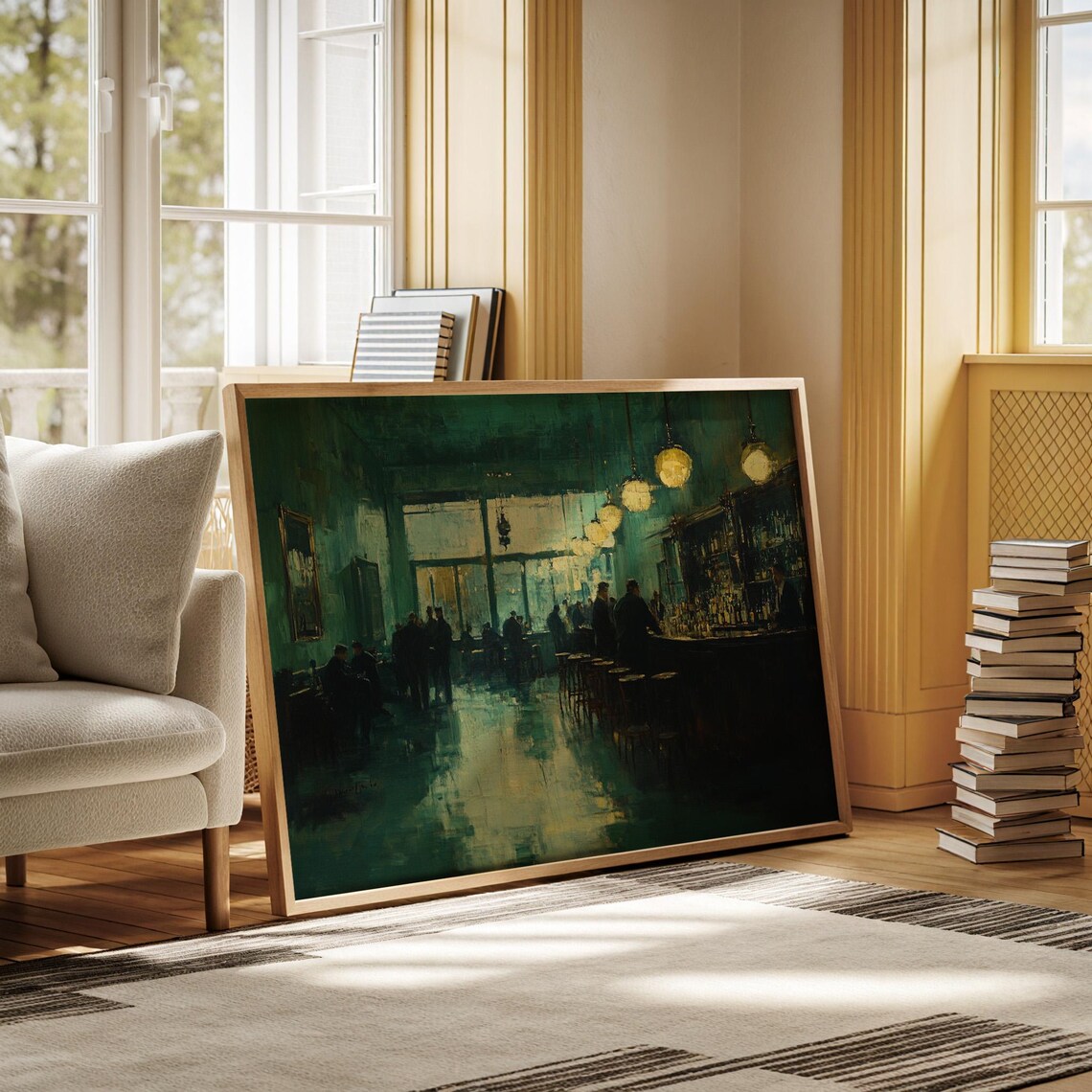 Vintage Bar Interior Oil Painting Moody Teal Pub Night Scene Poster - Image 3