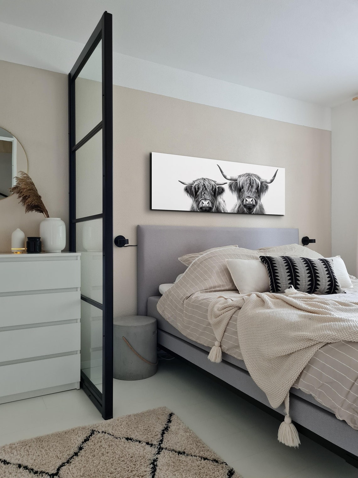 Highland Cow Pair Black and White Panoramic Farmhouse Wall Art - Image 5
