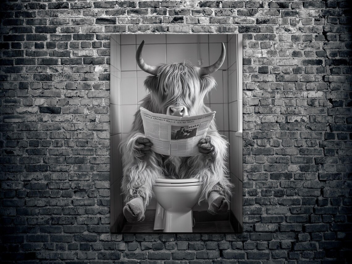 Funny Highland Cow On Toilet With Newspaper Bathroom Humor Poster - Image 2