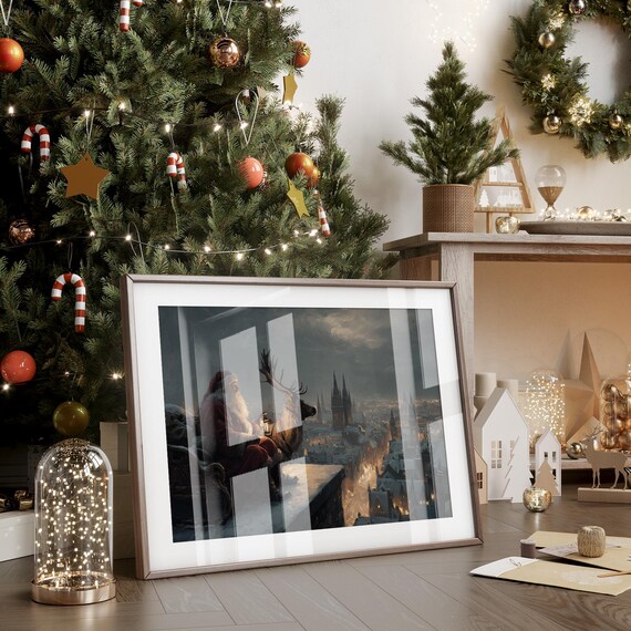 Santa and Reindeer Overlooking Winter City Night Painting Poster