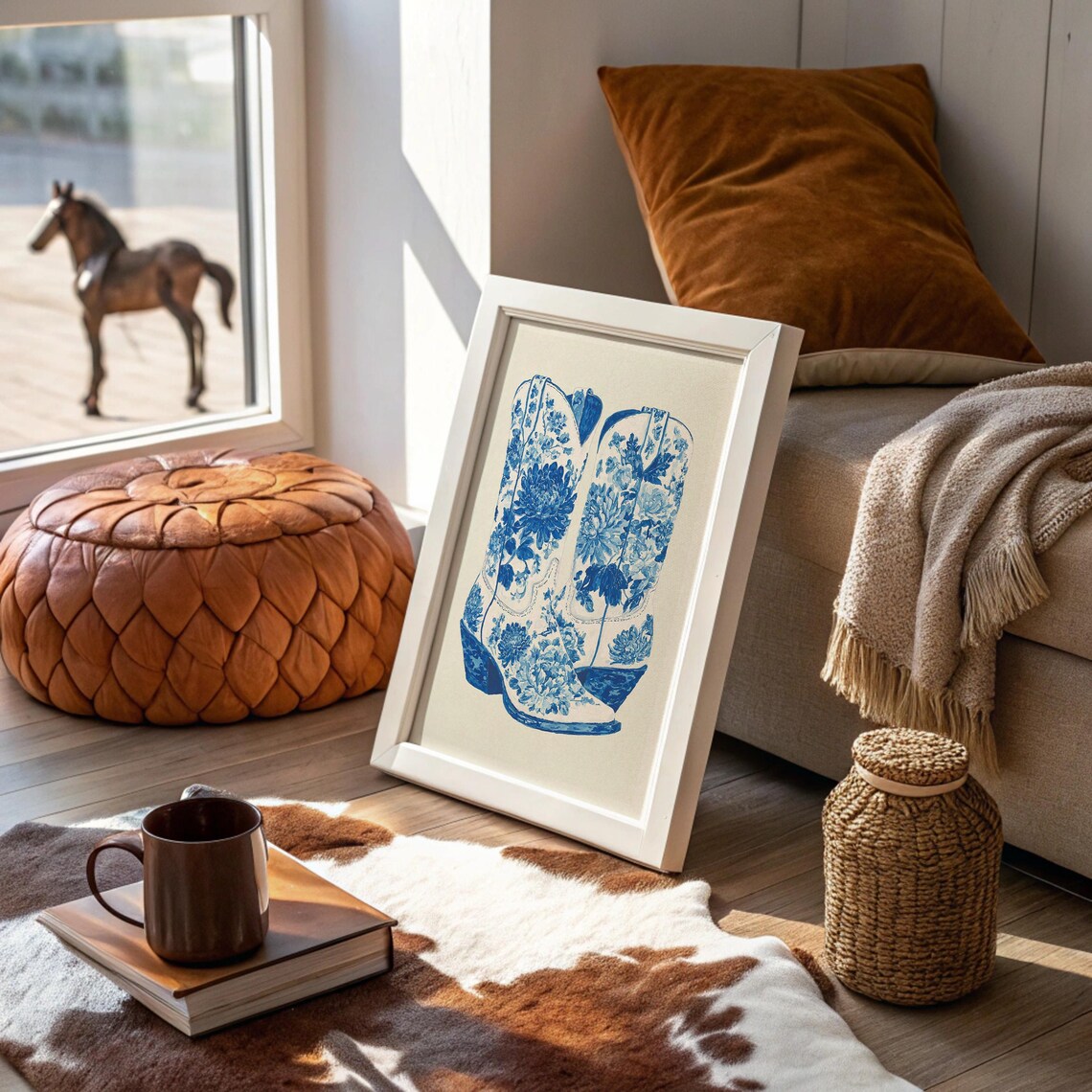 Blue Floral Chinoiserie Cowboy Boots Western Decor Art Poster