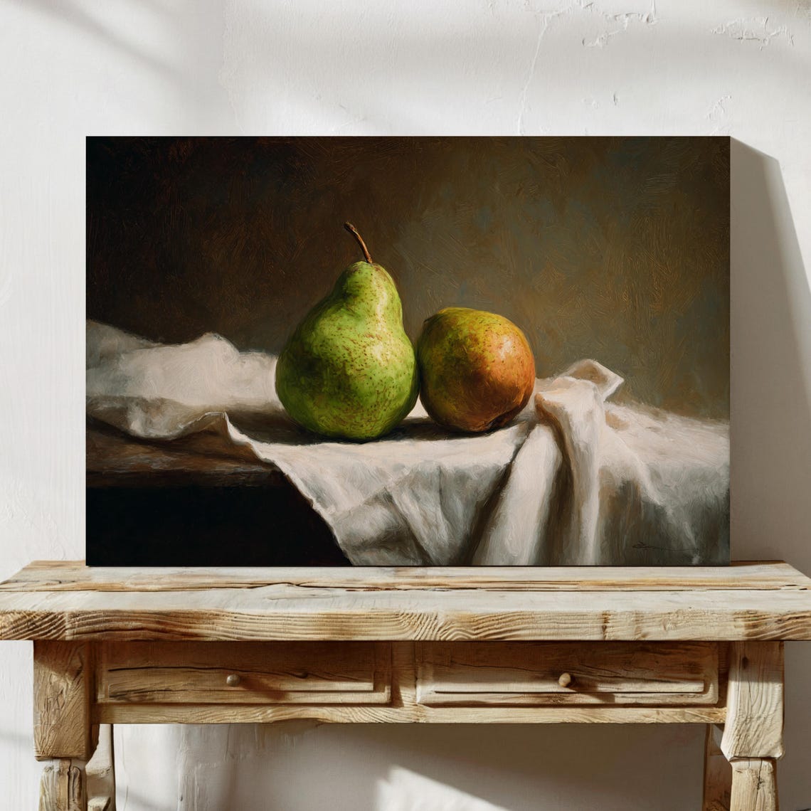 Two Pears Rustic Vintage Oil Painting Style Fruit Still Life Wall Art