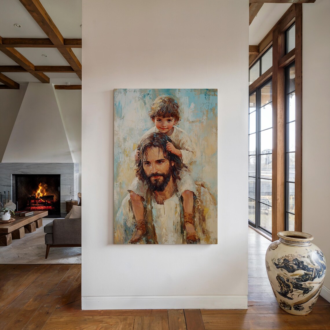 Joyful Child Riding on the Shoulders of Jesus in Soft Light Poster - Image 5