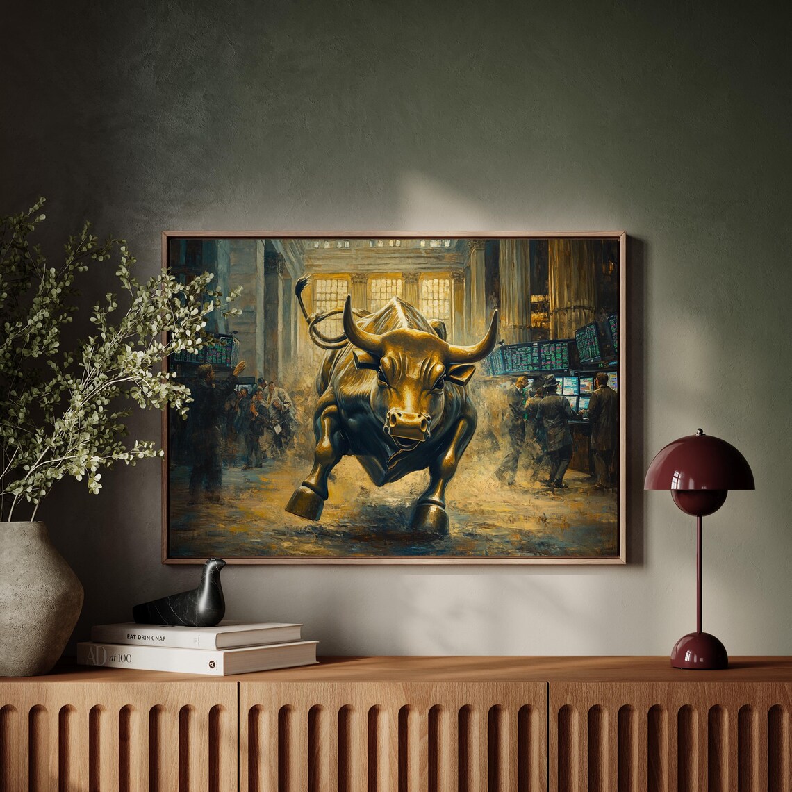Wall Street Bull Charging Stock Market Trading Floor Art Poster