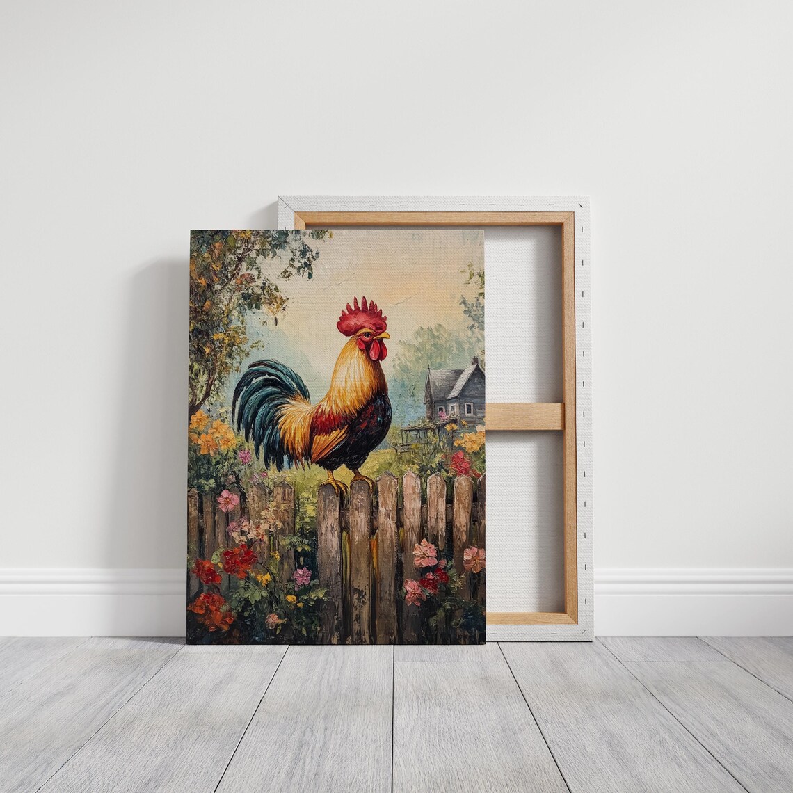 Colorful Rooster On Picket Fence Farmhouse Flower Garden Wall Art - Image 3