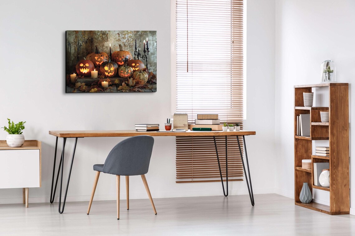 Glowing Jack O Lantern Pumpkins With Candles Among Autumn Leaves Poster - Image 3