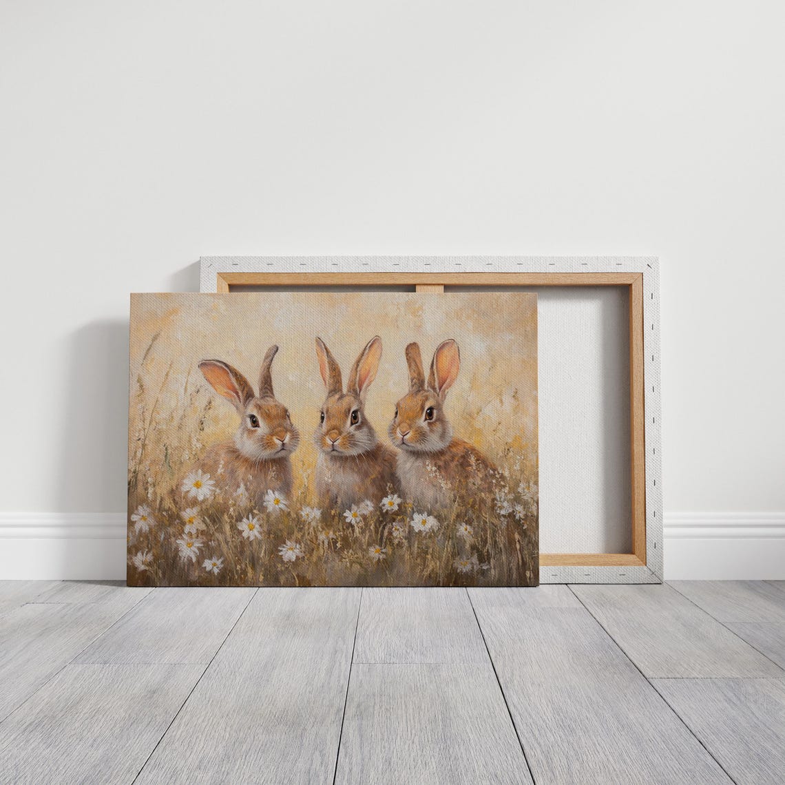 Three Bunnies In Golden Wildflower Meadow Oil Painting Poster - Image 3