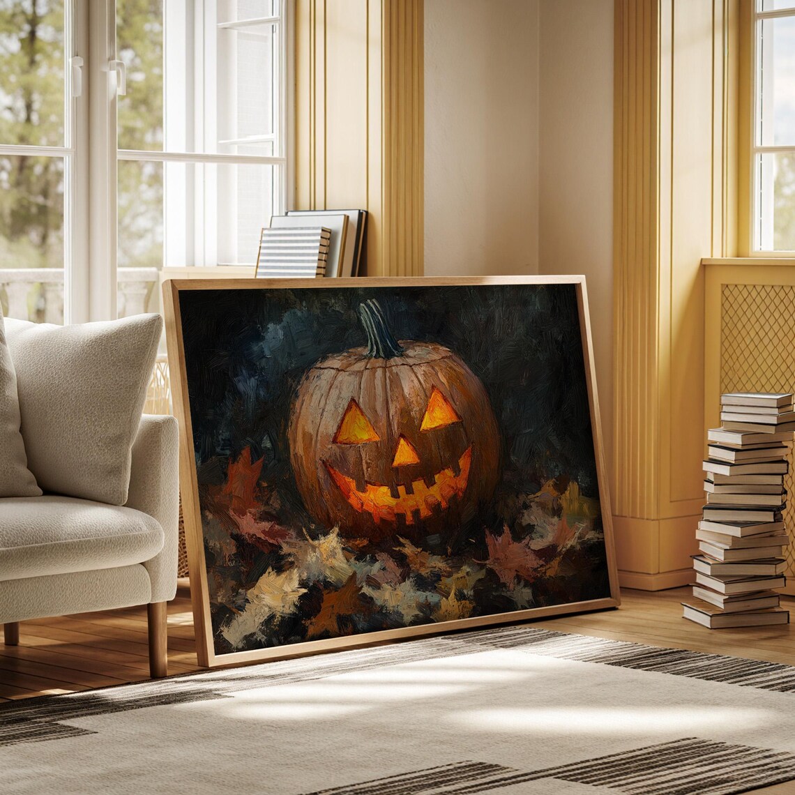 Glowing Jack O Lantern Among Autumn Leaves Dark Halloween Painting Poster - Image 5
