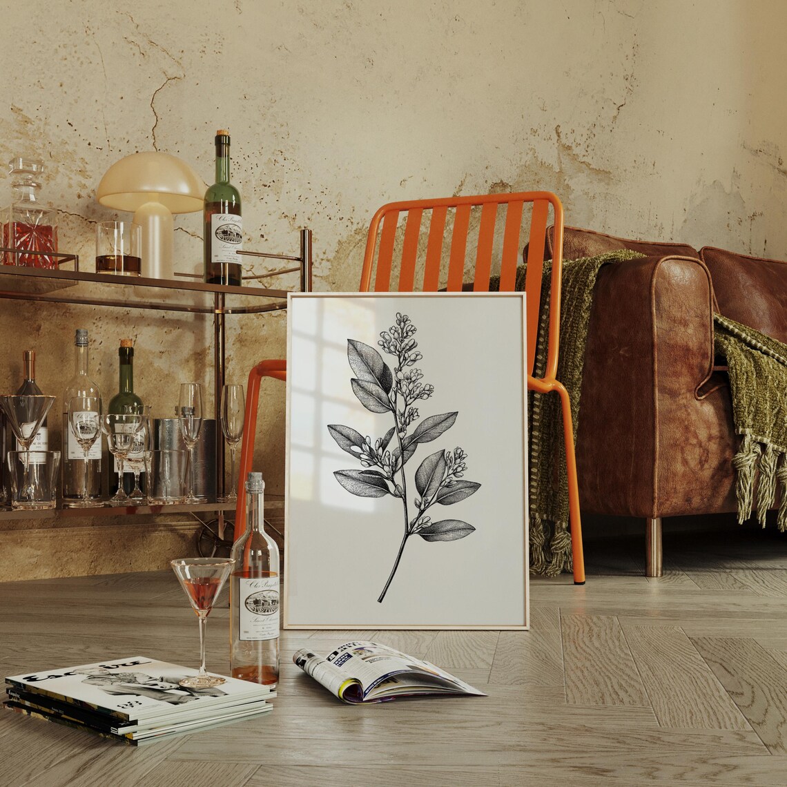 Detailed Shaded Botanical Leaf And Bud Ink Illustration Poster - Image 3