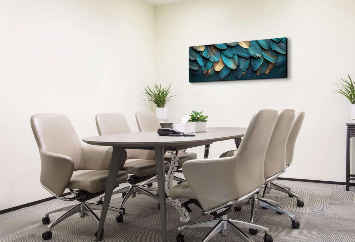Layered Teal Gold Feathers Modern Elegant Panoramic Nature Poster - Image 5