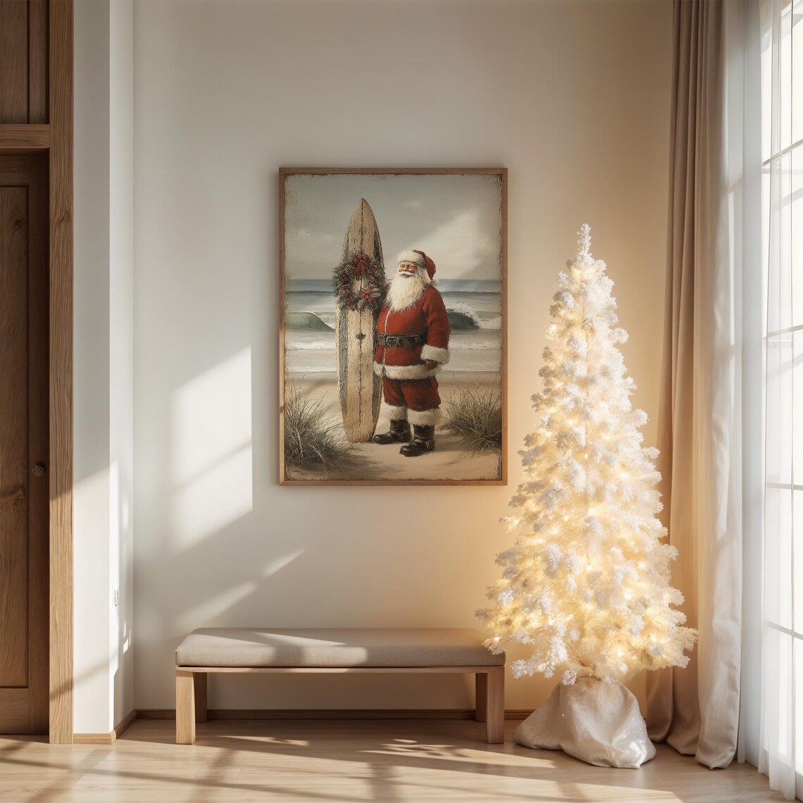Santa Claus with Surfboard on Beach Coastal Christmas Poster