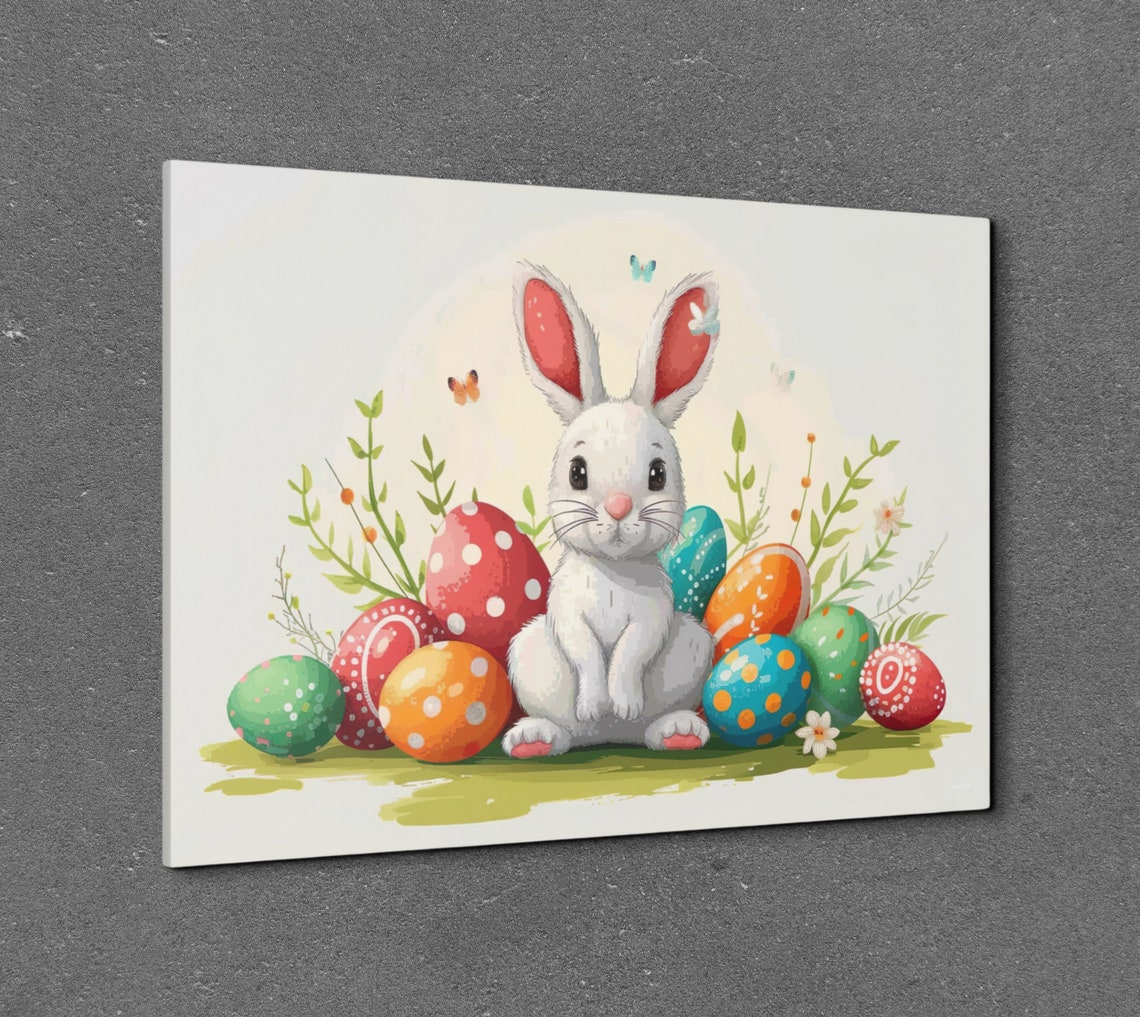 Cute White Easter Bunny Watercolor Decorated Eggs Spring Poster - Image 7