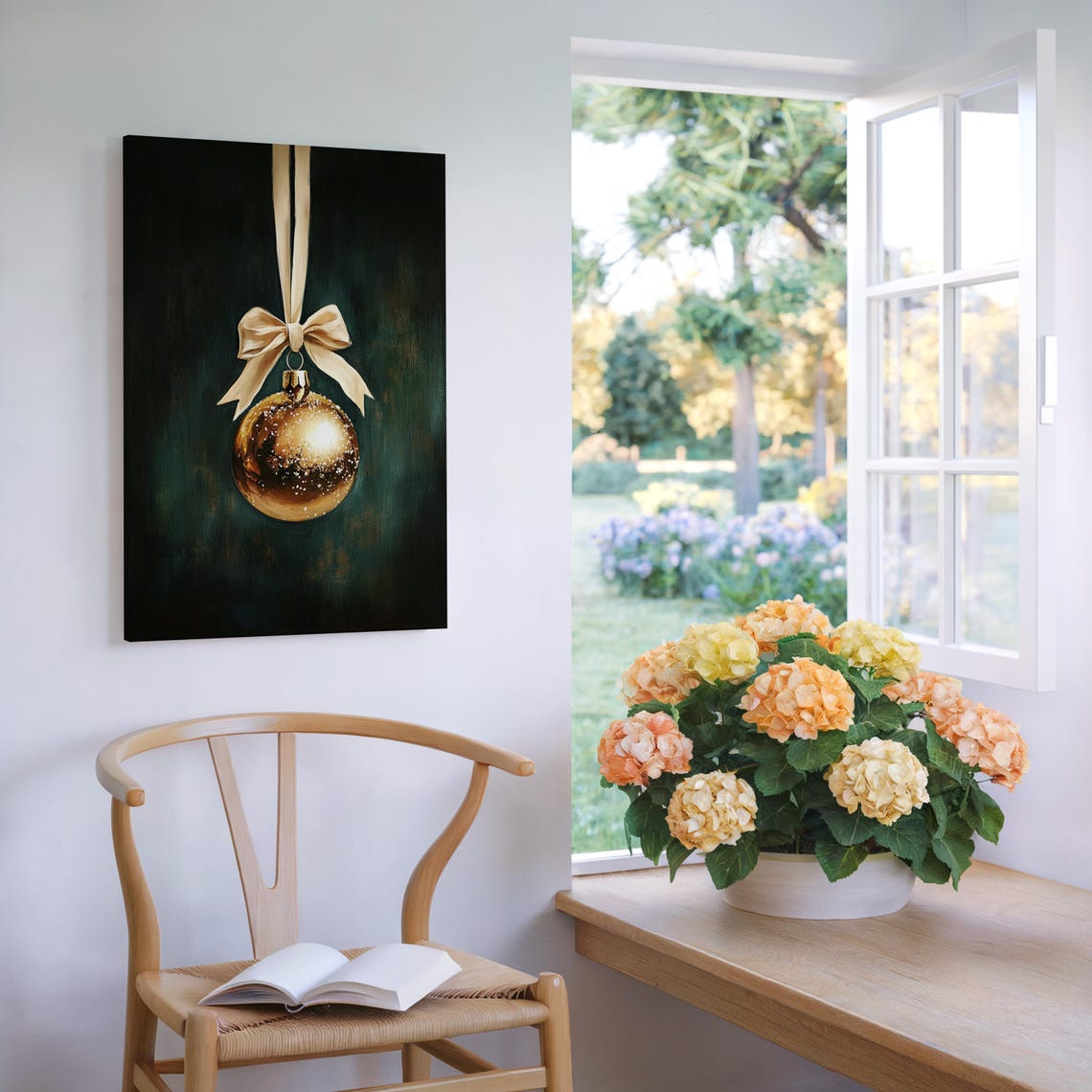 Gold Christmas Bauble With Cream Bow on Dark Green Wall Poster - Image 5