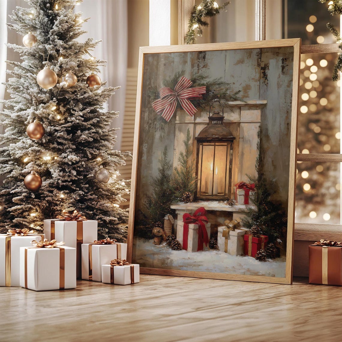 Glowing Rustic Lantern With Christmas Gifts Pine Garland Poster