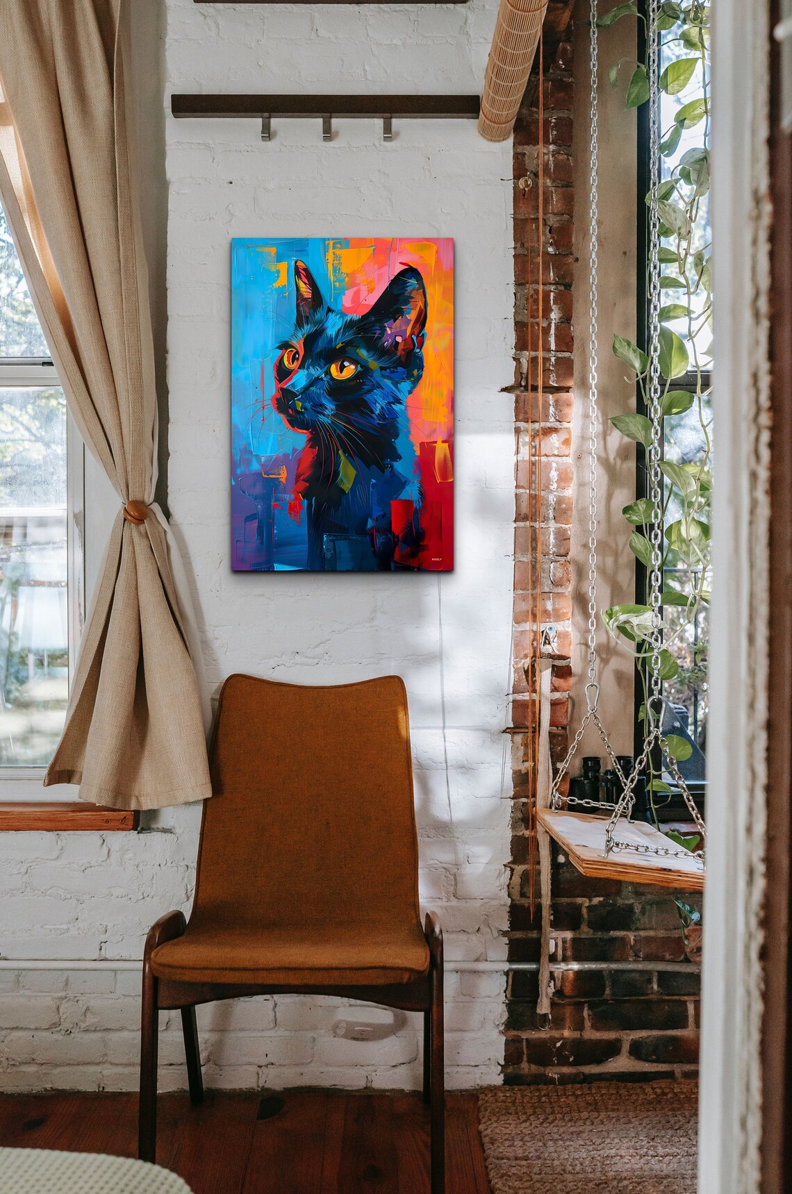 Black Cat Portrait Neon Pop Art Pink Blue Background Wall Art - Image 3