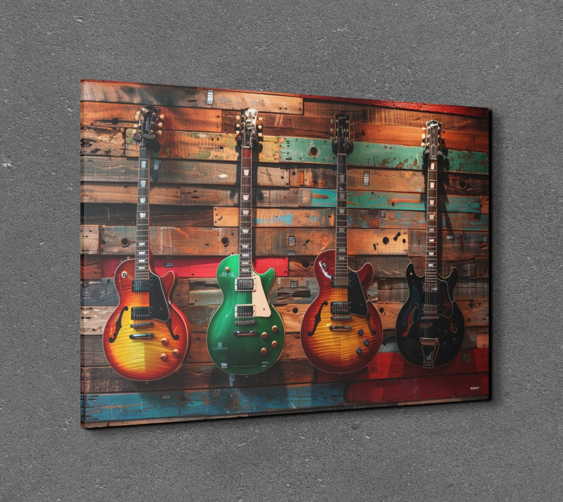 Colorful Electric Guitars On Rustic Wood Planks Music Room Wall Art - Image 7