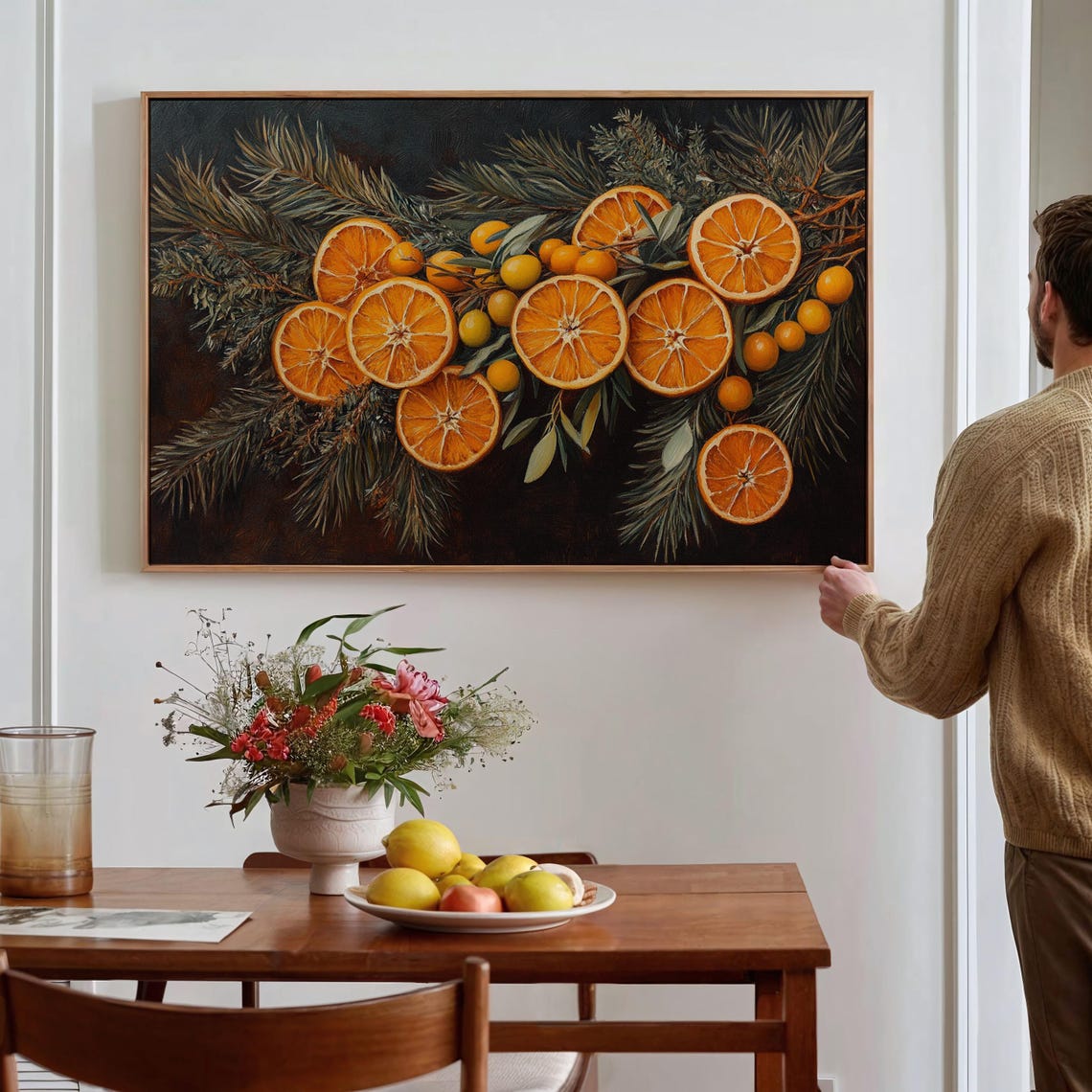 Dried Orange Slices With Pine Branches Dark Moody Holiday Wall Art