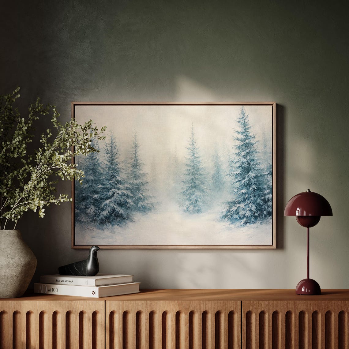 Snowy Blue Pine Forest Mist Frosty Winter Landscape Wall Art - Image 4