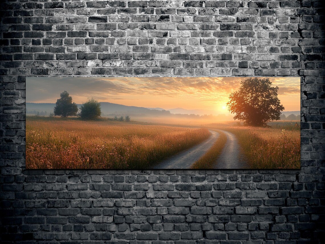 Golden Sunrise Over Wheat Field Dirt Road Misty Morning Poster - Image 2