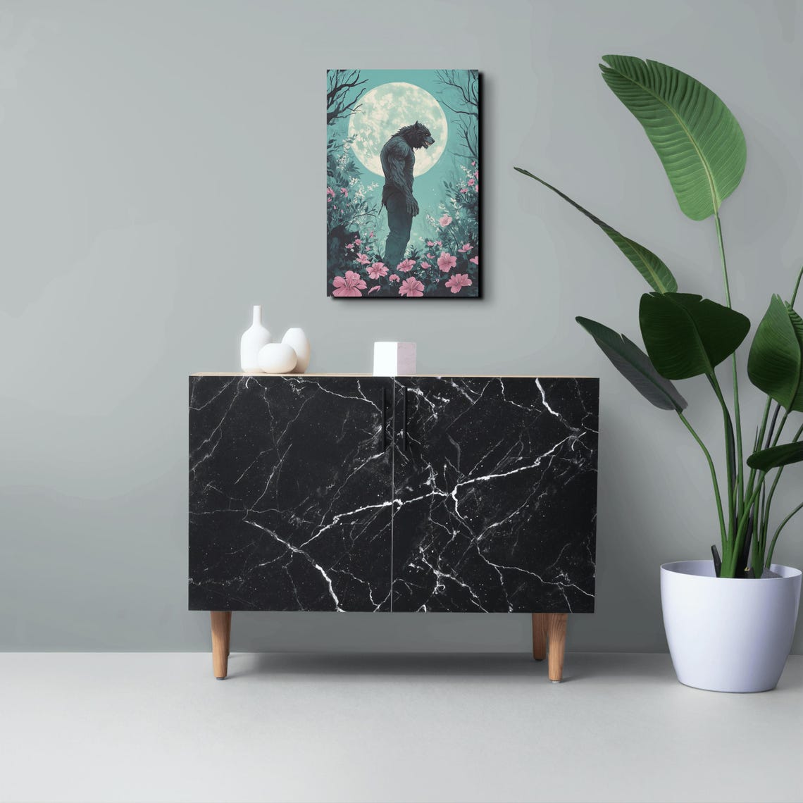 Werewolf Silhouette Pink Wildflowers Teal Full Moon Horror Poster - Image 3