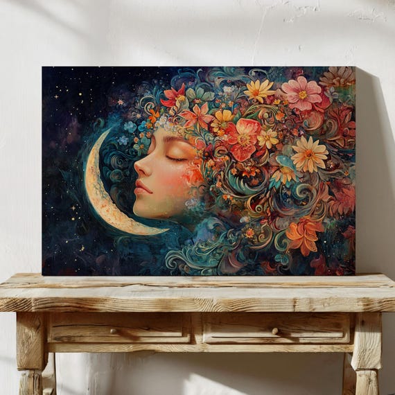 Dreamy Floral Moon Wall Art Ethereal Woman With Flowers And Crescent Moon For Bedroom Or Living Room Decor