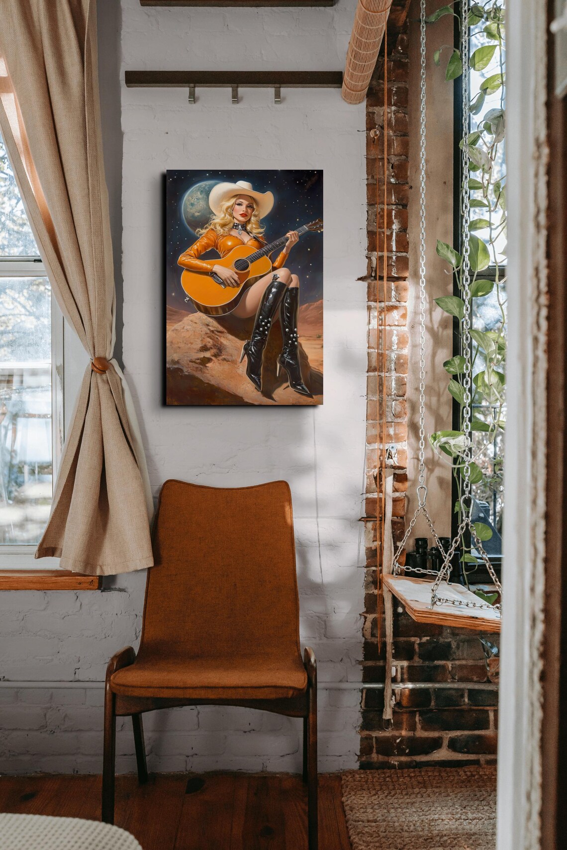 Galactic Cowgirl Guitar Starry Desert Night Western Pin Up Poster - Image 3