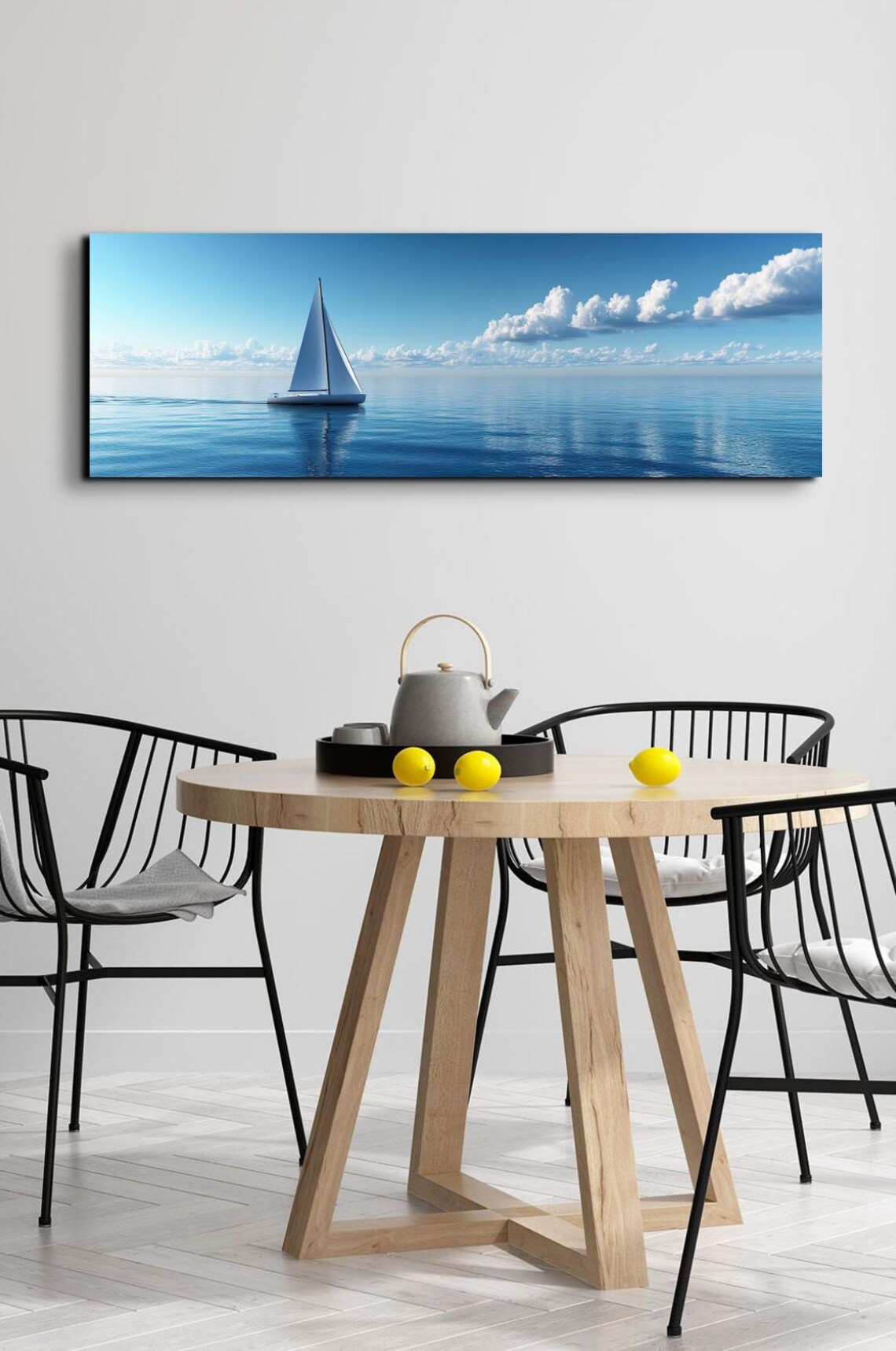 White Sailboat Gliding Across a Calm Blue Ocean Under Puffy Clouds Poster - Image 3