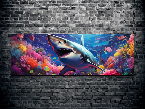 Day Glo Great White Shark Wall Art Landscape Shark Wall Art Shark Hangable Art Great White Shark Wall Art Kooly Art