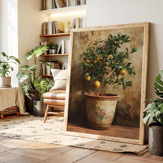 Vintage Lemon Tree in Terracotta Pot, Rustic Kitchen Art Print