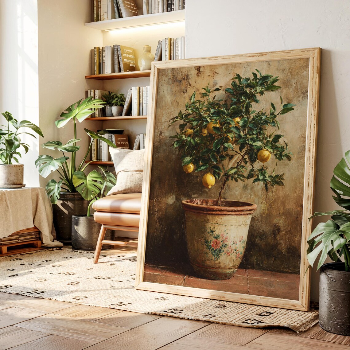 Vintage Lemon Tree in Terracotta Pot, Rustic Kitchen Art Print
