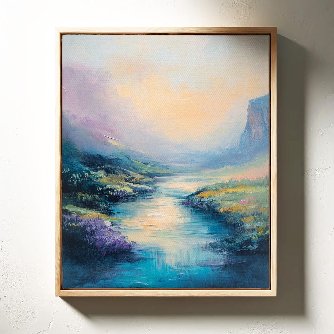 Serene River Valley Tranquil Landscape Painting In Soft Pastel Hues Calming Nature Wall Art For Home Office Decor - Image 4