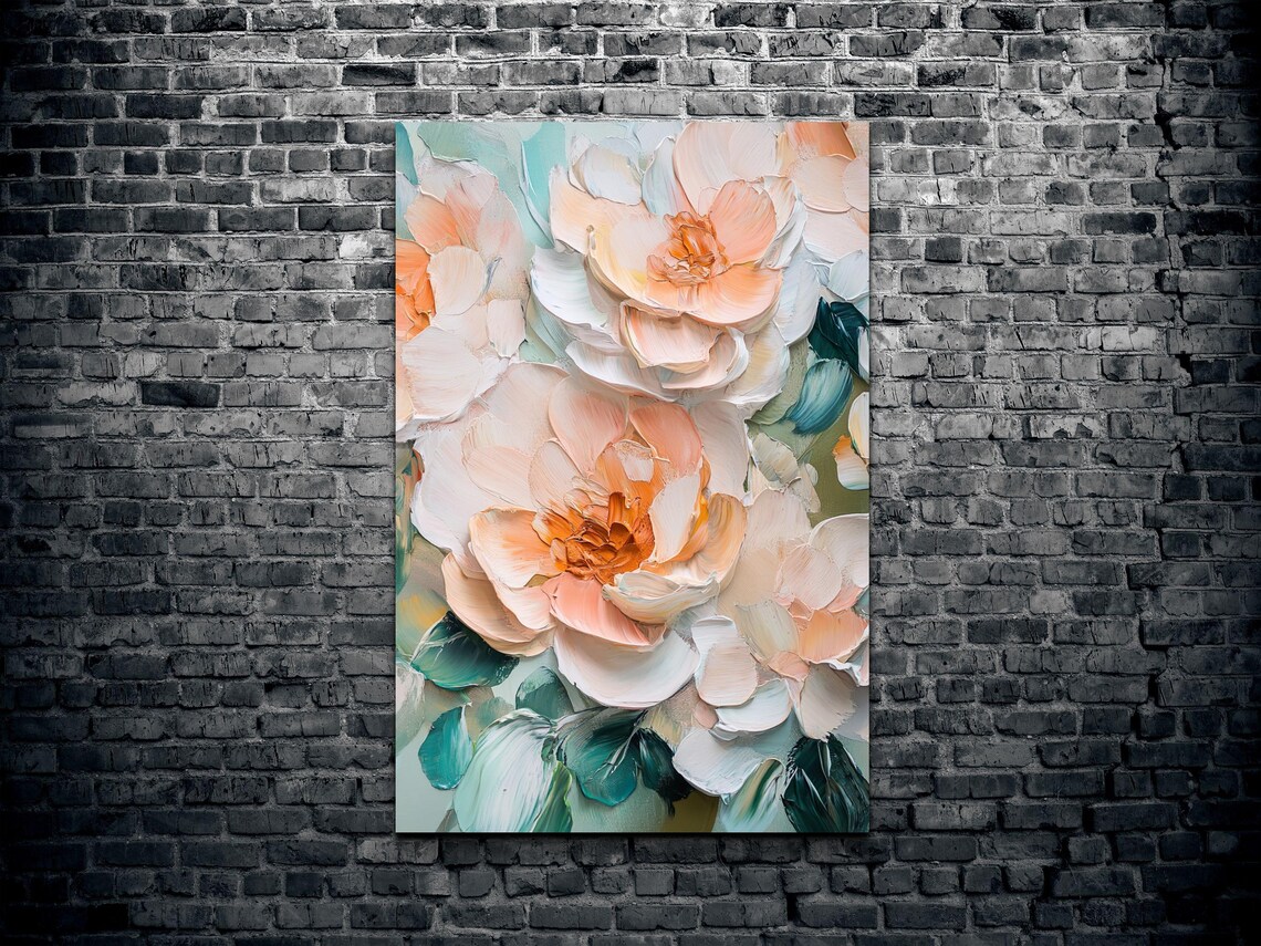 Soft Peach And Cream Floral Impasto Blooms Vertical Art Poster - Image 2