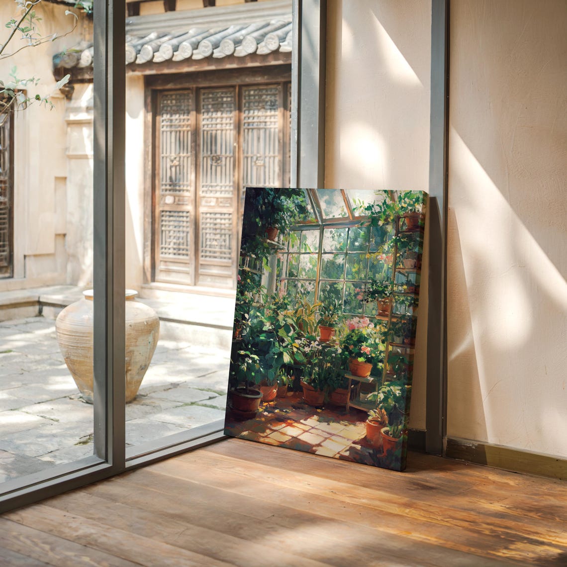 Sunlit Greenhouse Interior Filled With Lush Potted Plants Poster - Image 4