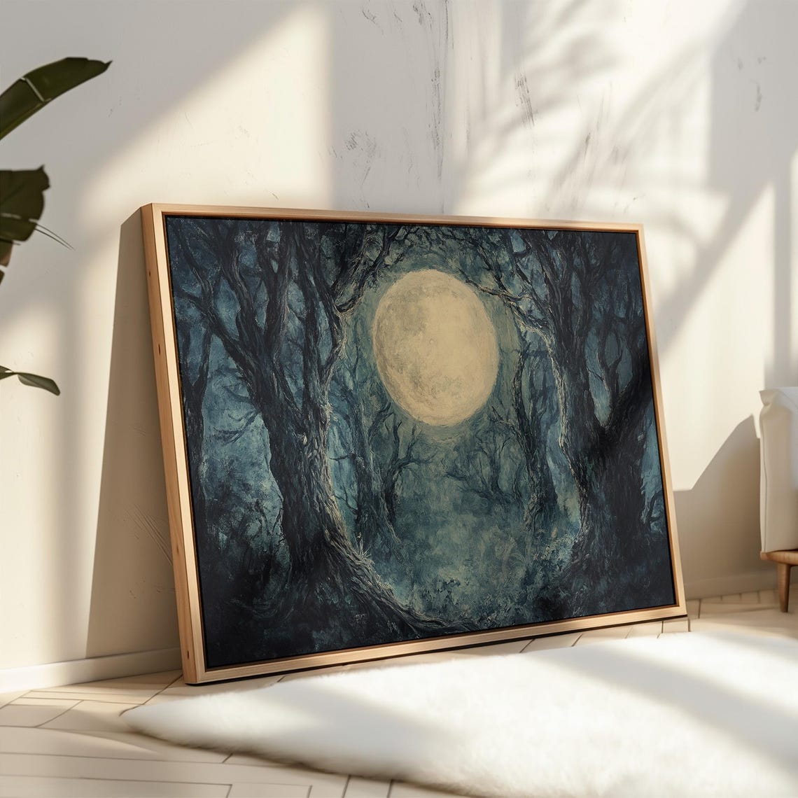 Full Moon Between Gnarled Trees Misty Night Forest Wall Poster - Image 5