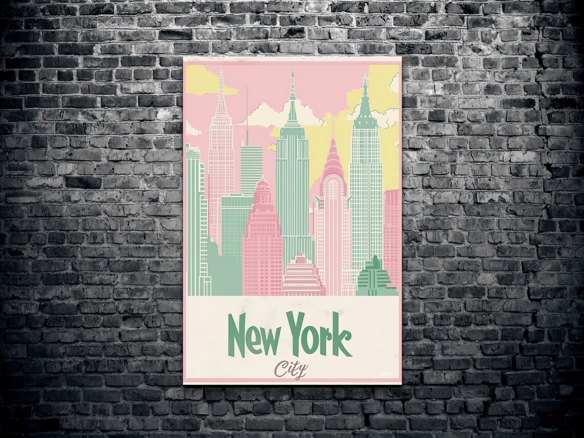 New York City Retro Skyline Pink Mint Vintage Travel Art Poster - Image 2