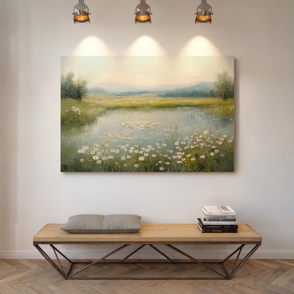 Tranquil Meadow Pond With Wild Daisies Serene Nature Wall Art For Peaceful And Elegant Home Or Office Decor - Image 6