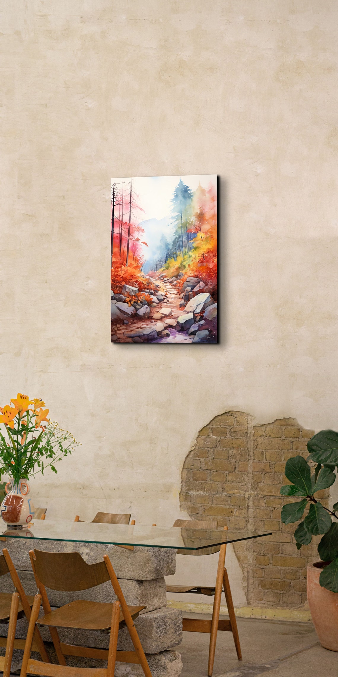 Rocky Hiking Trail Through Autumn Forest Watercolor Art Poster - Image 4