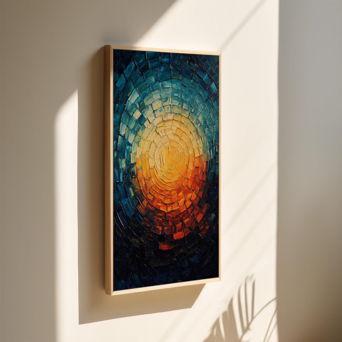 Bold Abstract Sun Oval Mosaic Oil Painting Deep Blue Orange Art