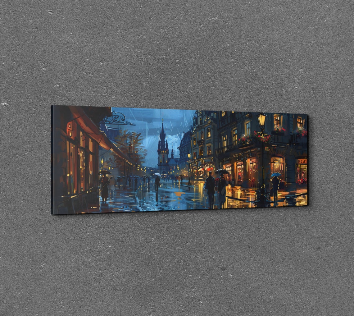 Rainy European Old Town Street Night Panoramic Cityscape Poster - Image 3