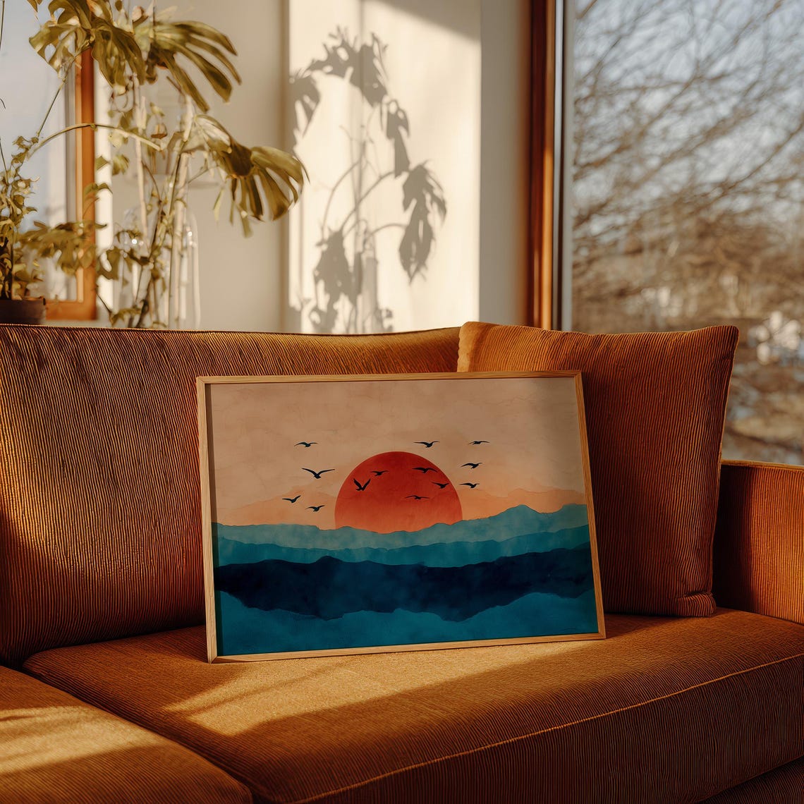 Crimson Sun Over Blue Layered Mountains Flying Birds Art Poster