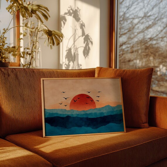 Crimson Sun Over Blue Layered Mountains Flying Birds Art Poster