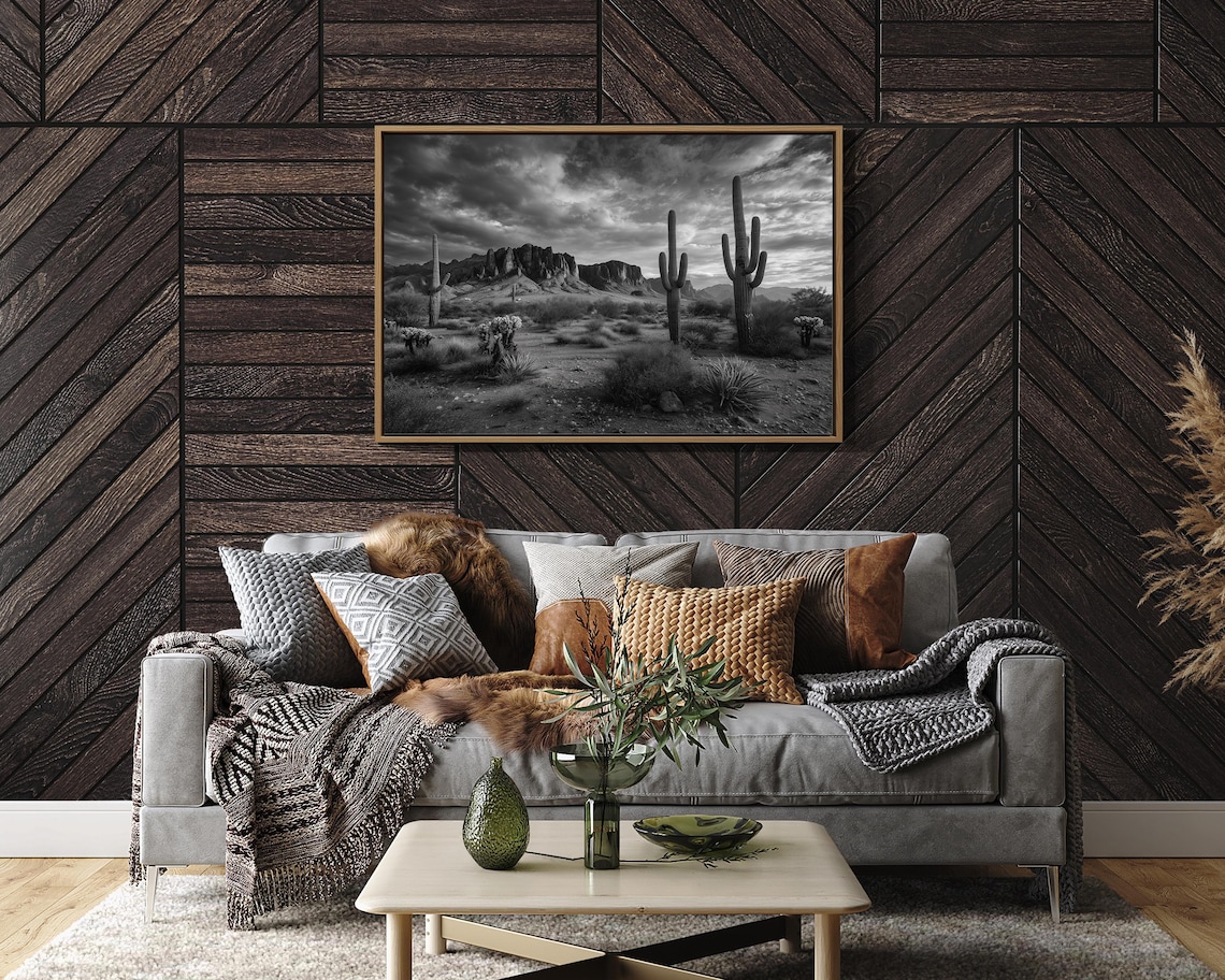 Black And White Desert Saguaro Cactus Stormy Mountain Photo Poster