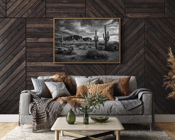 Black And White Desert Landscape With Saguaros
