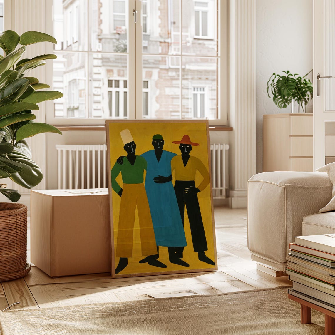 Three Stylized Figures Bold Color Block Minimalist Portrait Wall Art