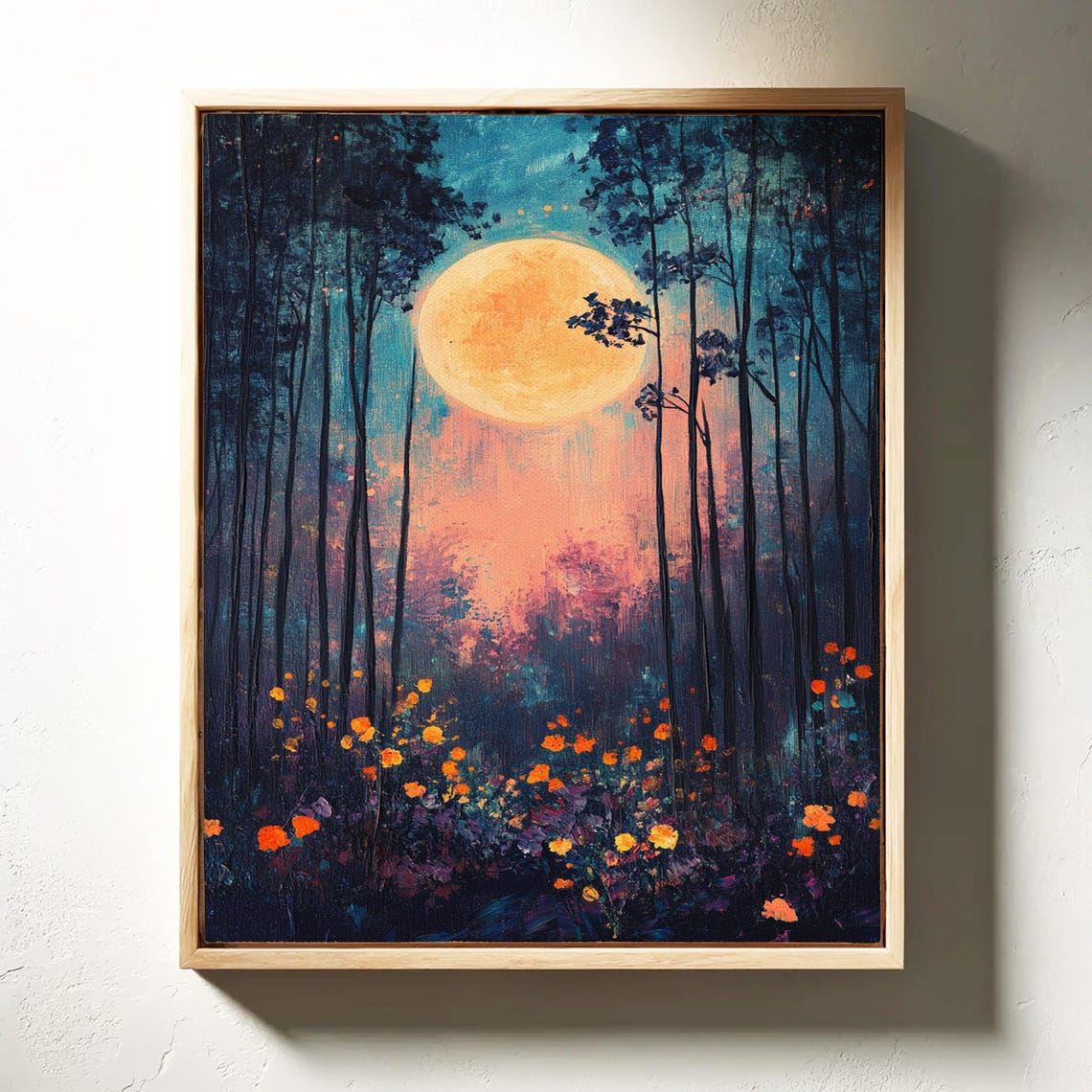 Glowing Full Moon Over Night Forest Wildflowers Pink Sky Poster - Image 6