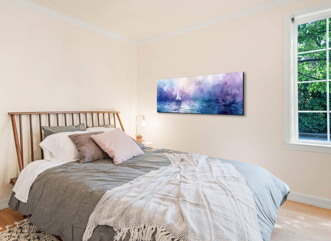 Watercolor Sailboat on Dreamy Purple Sea Coastal Nautical Poster - Image 5