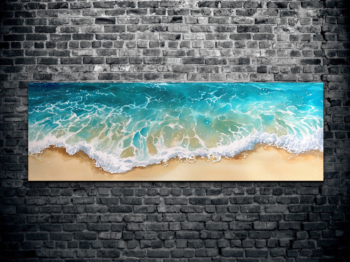 Panoramic Watercolor Ocean Wave Turquoise Beach Shore Wall Art - Image 2